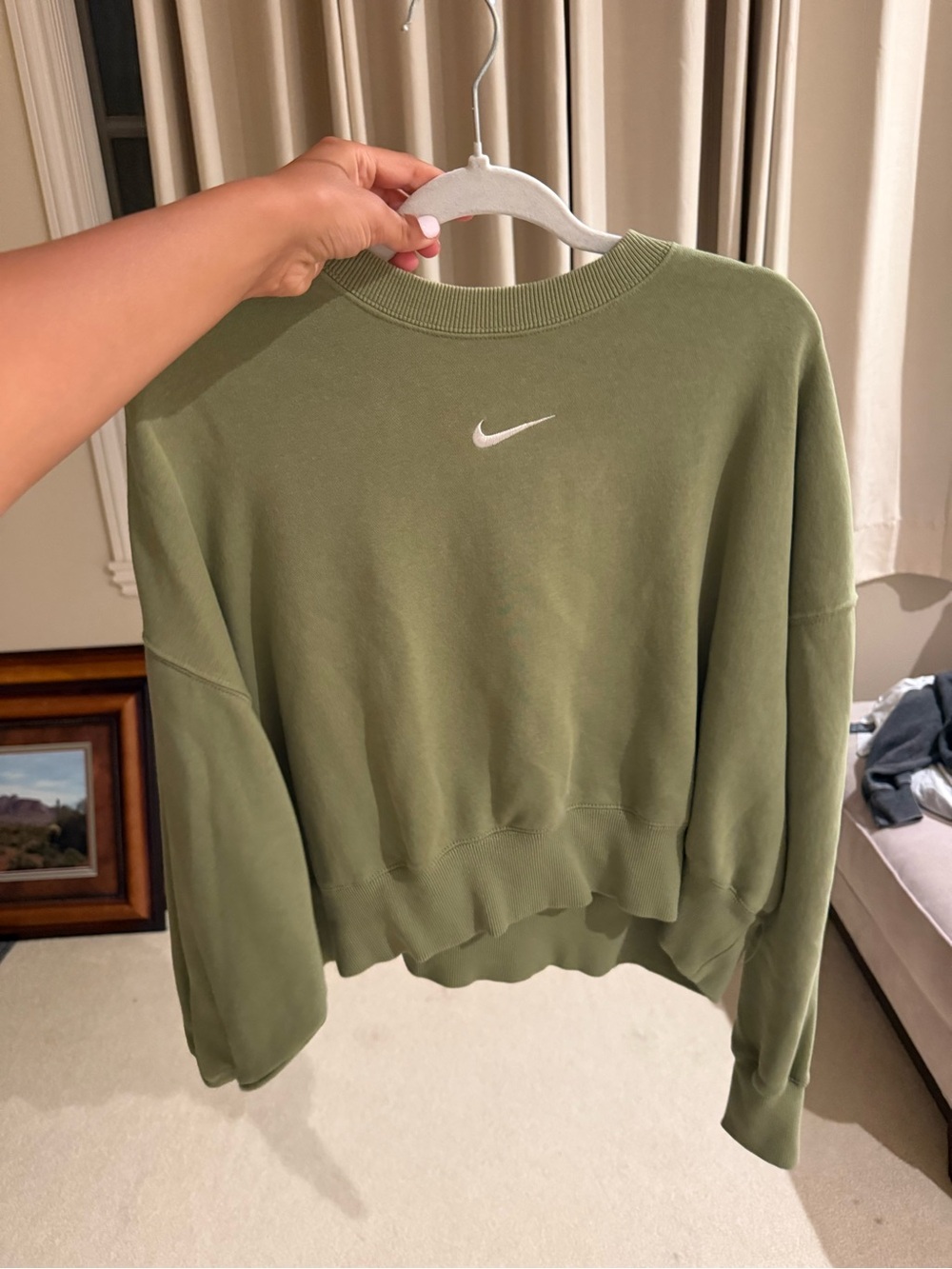 Nike Olive Green Cropped Sweatshirt with White Swoosh